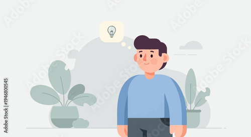 A character with an idea, illustrated with plants and clouds