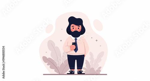 Minimalist illustration of a person with a beard, wearing a shirt, tie, and dark pants, holding a phone