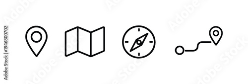 Minimal navigation interface icons showing location pin, folded map, compass dial, and route path on a gray gradient background for travel guidance design