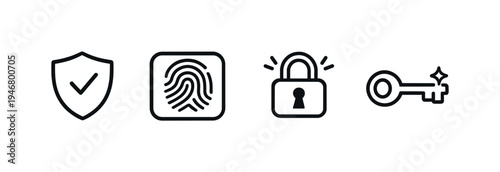 Minimal black security icons on gray background featuring shield, fingerprint scan, padlock, and key symbolizing digital privacy and access control