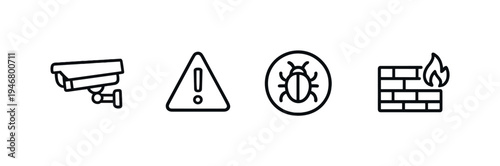 Minimal security and safety interface icons showing surveillance camera, warning alert, bug threat, and firewall barrier on gray background