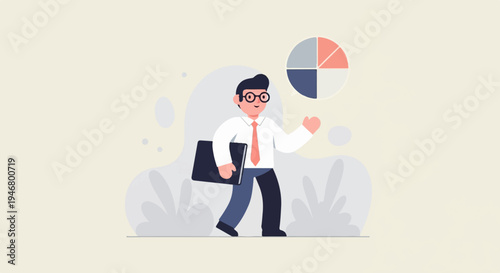Animated man in glasses walks with a briefcase, pie chart floats nearby