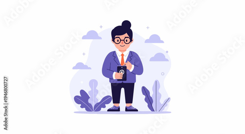 A person in a suit and tie is holding a smartphone, surrounded by abstract shapes and clouds