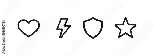 Minimal monochrome line icons of heart, lightning bolt, shield, and star aligned horizontally on a soft gray background with subtle gradient