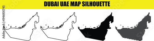 Dubai uae map silhouette collection featuring coastline details with solid black and dotted vector graphic shapes