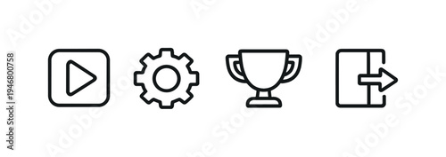 Minimalist interface icons on gray background featuring play button, settings gear, trophy award, and logout exit symbol in clean outlined design