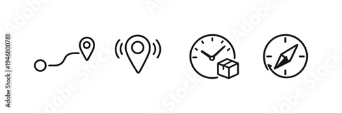 Minimal line icons for navigation, location tracking, delivery time, and compass direction on a soft grey gradient background, modern service interface concept