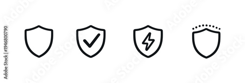 Minimal monochrome row of shield icons showing security, verification checkmark, energy bolt, and protected emblem on a smooth gradient background