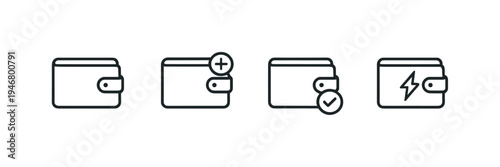 Minimal line icons of wallets showing payment, add funds, approved transaction, and fast charging concept on a clean gray background