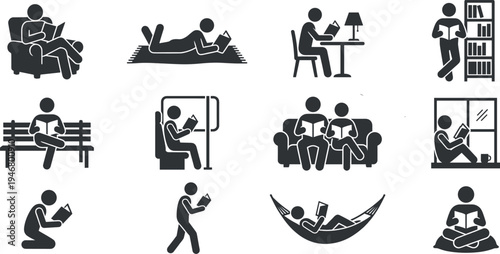 Professional Reading and Literacy Icon Set Featuring People Reading Books in Various Poses Including on Sofa In Hammock and On Public Transport Silhouettes