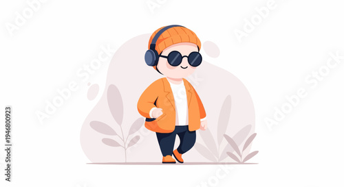 A cartoon person wearing headphones, sunglasses, and an orange jacket walks confidently