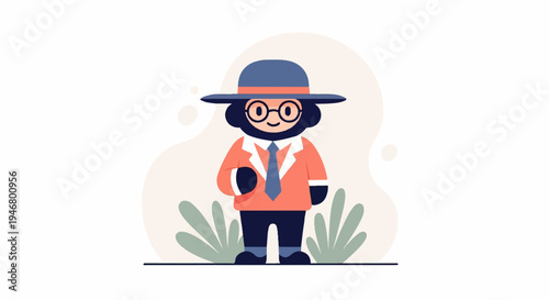 A cartoon character in a hat, glasses, suit, and tie stands