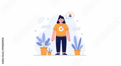 A person stands in front of potted plants, with a thought bubble showing a light bulb, signifying an idea