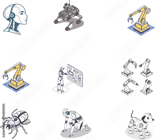Isometric Robotics and Artificial Intelligence Icon Set - Industrial Automation, Cybernetic Animals, and Humanoid Droids