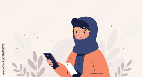 Person in hijab with glasses, holding two phones and paper, surrounded by abstract plants