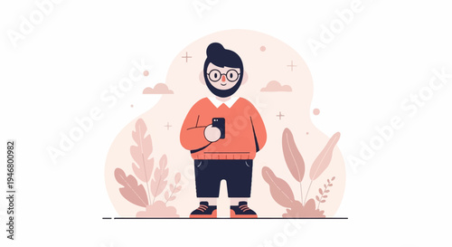 A bearded man with glasses and an orange sweater holds a phone, surrounded by stylized plants and clouds