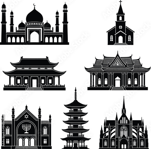 Seven different religious buildings in black and white line style mosque church synagogue temple des