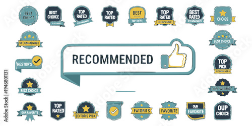 Recommended banner with thumbs up. Big set recommended elements. Vector illustration. 
