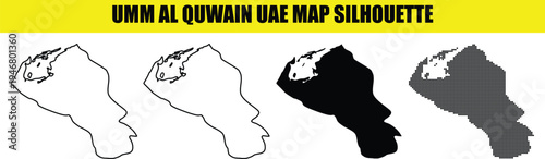 Umm al quwain uae map silhouette collection featuring four different styles for cartography and graphic projects