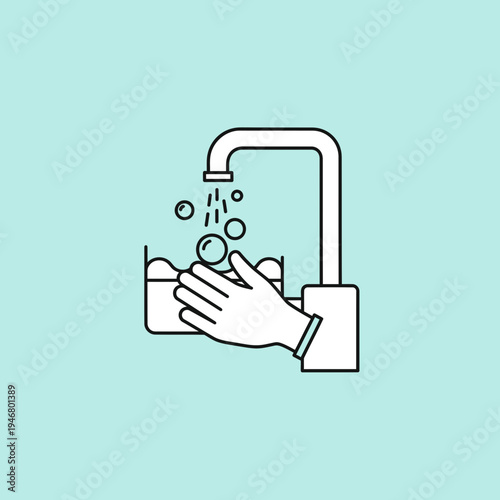 Minimalist Illustration Depicting Hand Hygiene and Sanitization with Water and Soap Bubbles