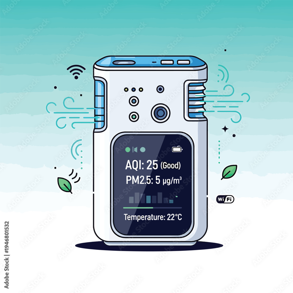 Naklejka premium Illustration of a modern air quality monitor device showing readings outdoors on a clean day with good air quality and temperature display.