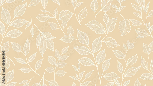 White Leaves Pattern on Beige Background.