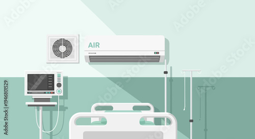 Minimalist Illustration of a Hospital Room Depicting Medical Equipment and Empty Bed