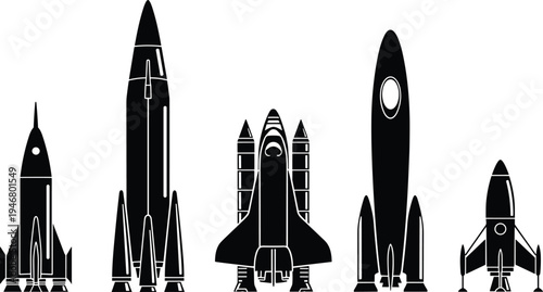 Black rocket silhouette set featuring space shuttle spacecraft and various booster rockets for science projects aerospace engineering icons
