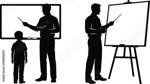 Black Vector Silhouettes of a Male Teacher Pointing at a Whiteboard and Easel While Mentoring a Young Male Student in a Classroom Setting