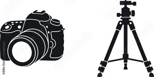 Professional Photography Equipment Icon Set Featuring Digital SLR Camera and Adjustable Tripod Silhouettes for Photographers