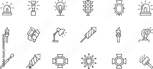 Thin line celebration and signal icons set including siren light, torch flame, fireworks rocket, camera flash vector collection