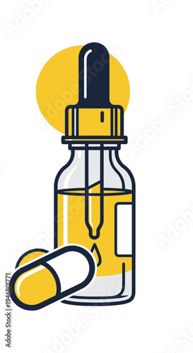 Minimalist Illustration of CBD Oil Bottle with Dropper and Capsule in Yellow and White