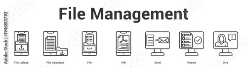 File Management web banner icon set vector illustration concept for business with icon of File Upload, File Download, File, Pdf, Se.