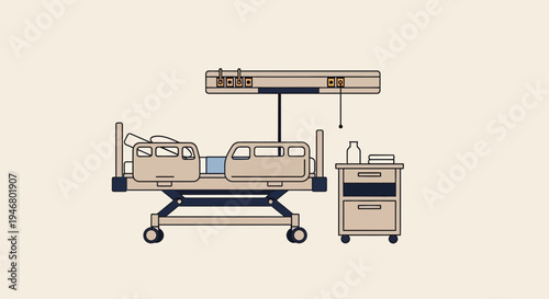 Minimalist Illustration of Hospital Bed with Medical Supplies and Healthcare Equipment