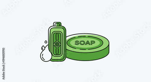 Minimalist Illustration Of Green Soap And Dispenser For Hygiene And Cleansing