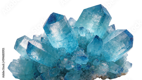 Isolated stunning natural blue crystal cluster with intricate facets and vibrant aquamarine hues