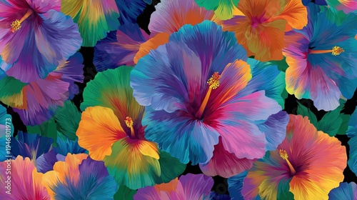 Vibrant tropical hibiscus floral pattern with bold colorful flowers