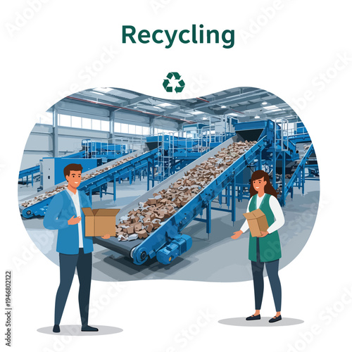 Two people working at a recycling facility with a conveyor belt