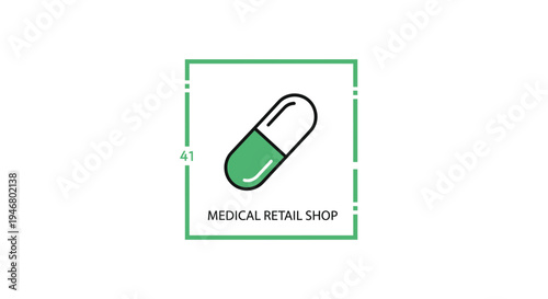 Minimalist Medical Retail Shop Emblem Depicting A Green And White Capsule Icon