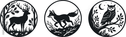 Professional Forest Wildlife Icon Set Featuring Deer in Woods Running Fox and Wise Owl on Branch Circular Silhouette Designs