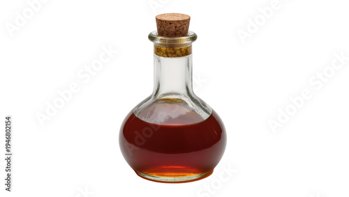 Isolated clear glass bottle with cork stopper holding dark reddish-brown liquid