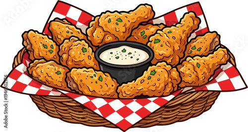 Crispy Fried Chicken Wings Basket with Creamy Dipping Sauce on Red Checkered Paper – Cartoon Vector Food Illustration