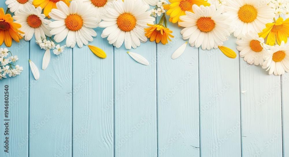 Obraz premium Vibrant daisies on distressed light blue wooden background with petals
