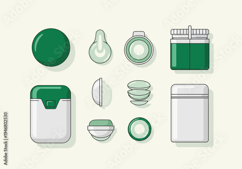 Minimalist Vector Illustrations of Contact Lens Accessories in Green and White Color Scheme