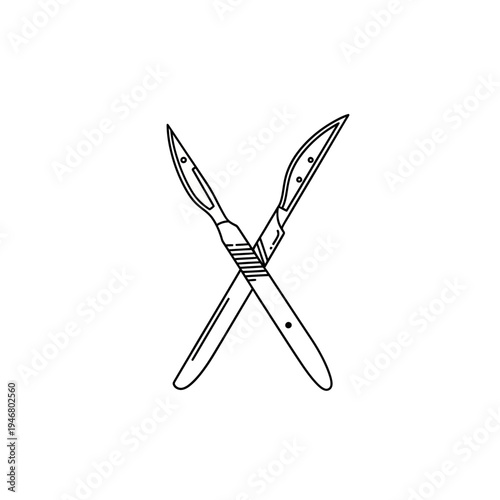 Minimalistic Cross-Hatched Illustration of Two Surgical Scalpels for Healthcare Concepts