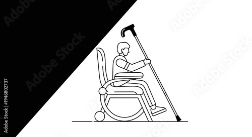 Minimalistic Illustration Of A Disabled Person Seated In A Wheelchair With Cane