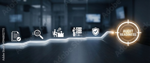Audit Readiness Compliance Risk Management Business Finance Process concept with a roadmap leading to a target for quality assurance, regulatory standards, and corporate governance.