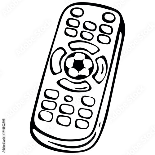 TV Remote Control Icon for Football Fans. Wireless Device with Soccer Ball Button for Watching Games. Hand Drawn Doodle Vector.