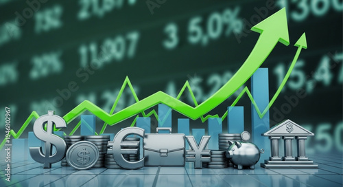 Financial growth and investment concept with currency symbols and graph.