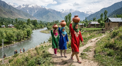 Young girls carry water pots on their heads in a scenic mountain village with a river